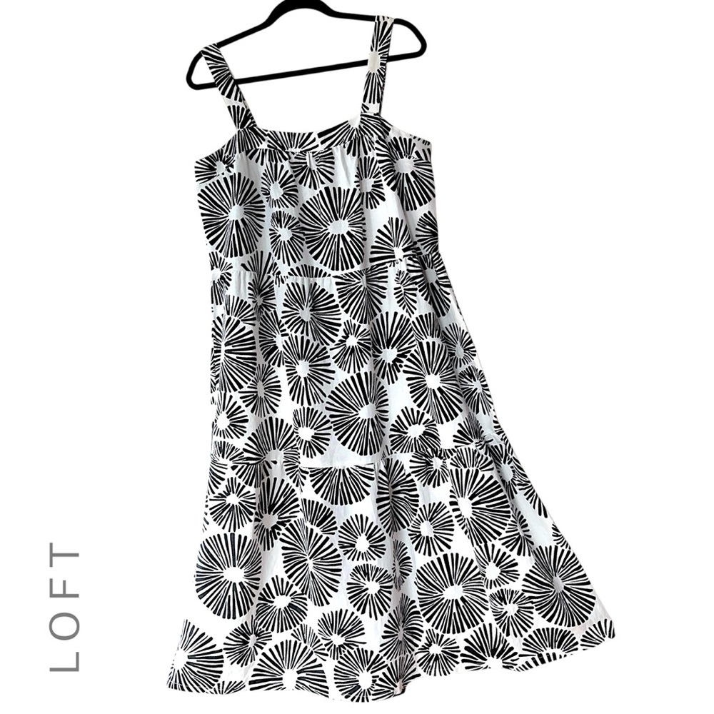 LOFT NWOT LINEN BLEND BLACK & WHITE FIREWORKS MIDI DRESS TIERED | LARGE PETITE